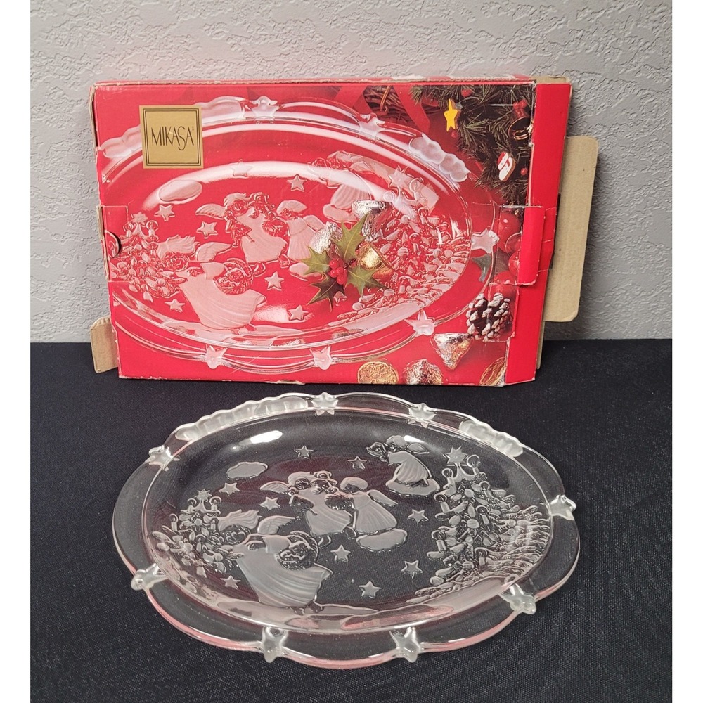 Mikasa Holiday Lights 9" Crystal Glass Oval Sweet Dish Frosted Angels SA 835 Vtg